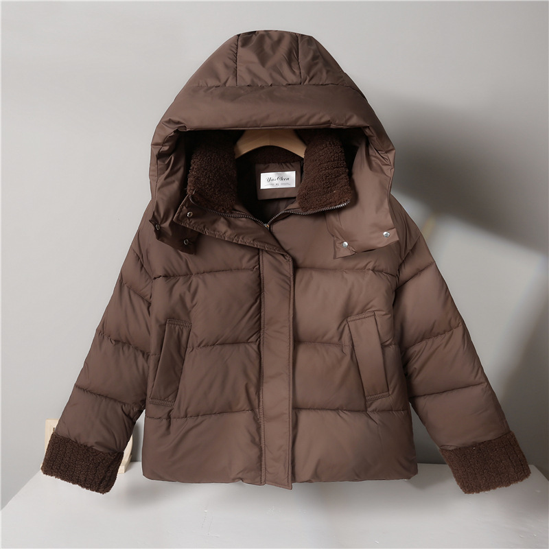 Moda europea y americana con capuzas de algodón grueso para mujeres 2024 invierno nuevo tipo de peluche suelto chaqueta de pan de algodón para mujeres