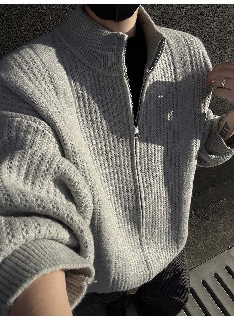 Men's Stand Collar Knit Cardigan Oversized Pullover Sweater_voghion.com