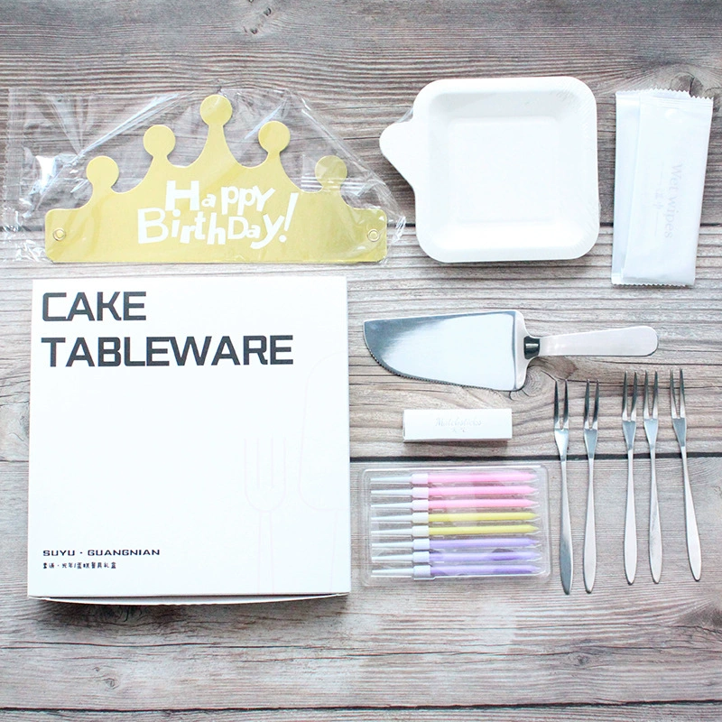 Оптовая продажа одноразовых столовых приборов из нержавеющей стали для торта, тарелки для торта, свечи, шляпки, спички, набор из 7 предметов