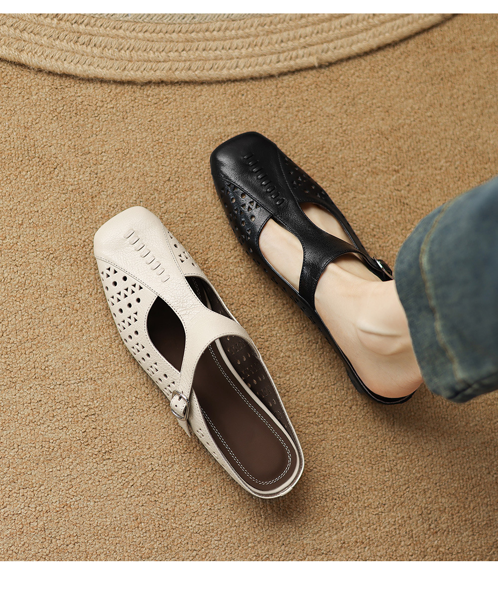 Dép sandal nữ xỏ ngón đế bệt quai chữ T đục lỗ mùa hè — đen chi tiết 3