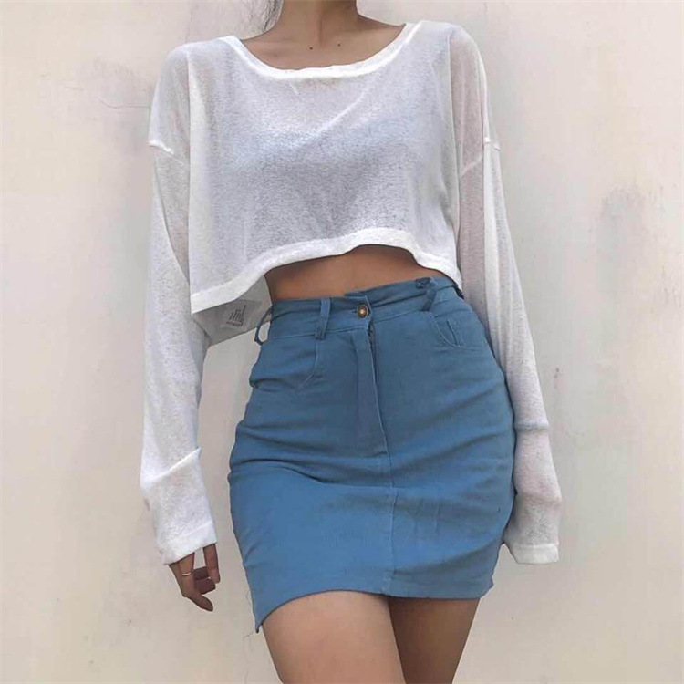 YPFF新款夏季欧美风纯色绒衫上衣空调衫女 套头圆领宽松T恤防晒衣