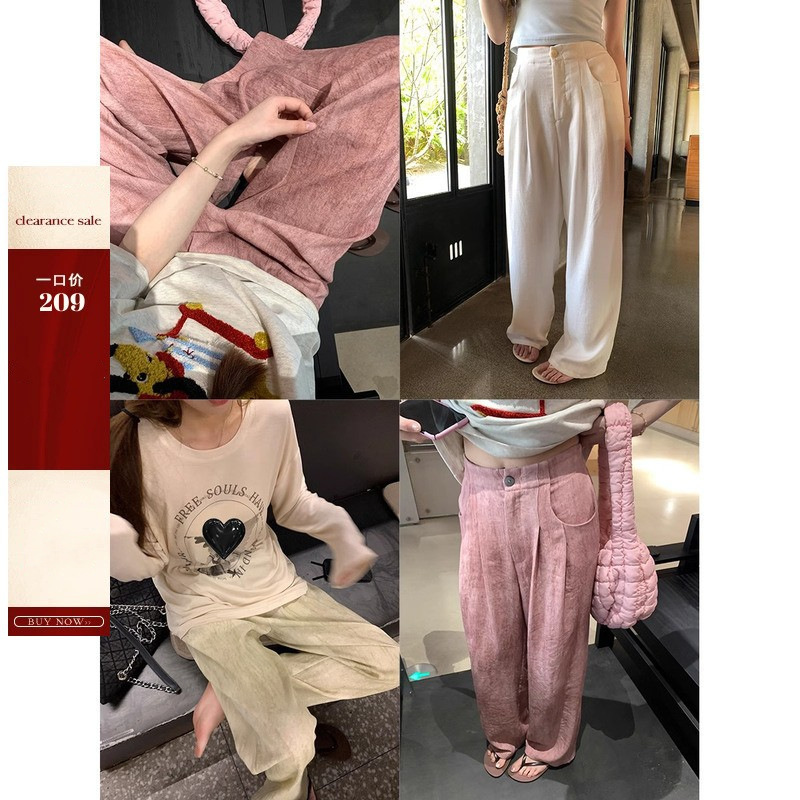Im To Comfortable Rhythm Hand-fried Color Linen Blend Wide-leg Casual Pants Women's Straight Leg Pants