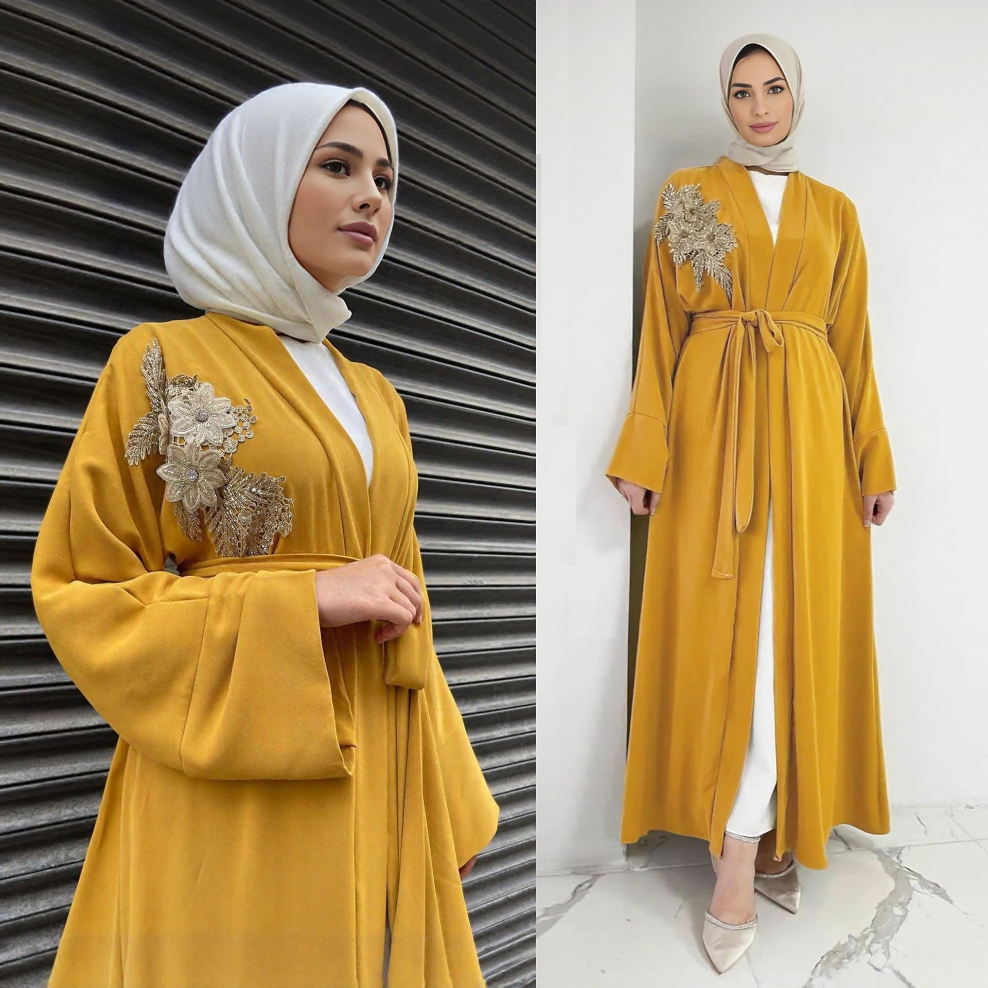 ​​Elegant Embroidered Muslim Abaya Dress Set – Dubai Style Modest Long Robe With Applique Cardigan, Turmeric Color Islamic Prayer Outfit​​_voghion.com