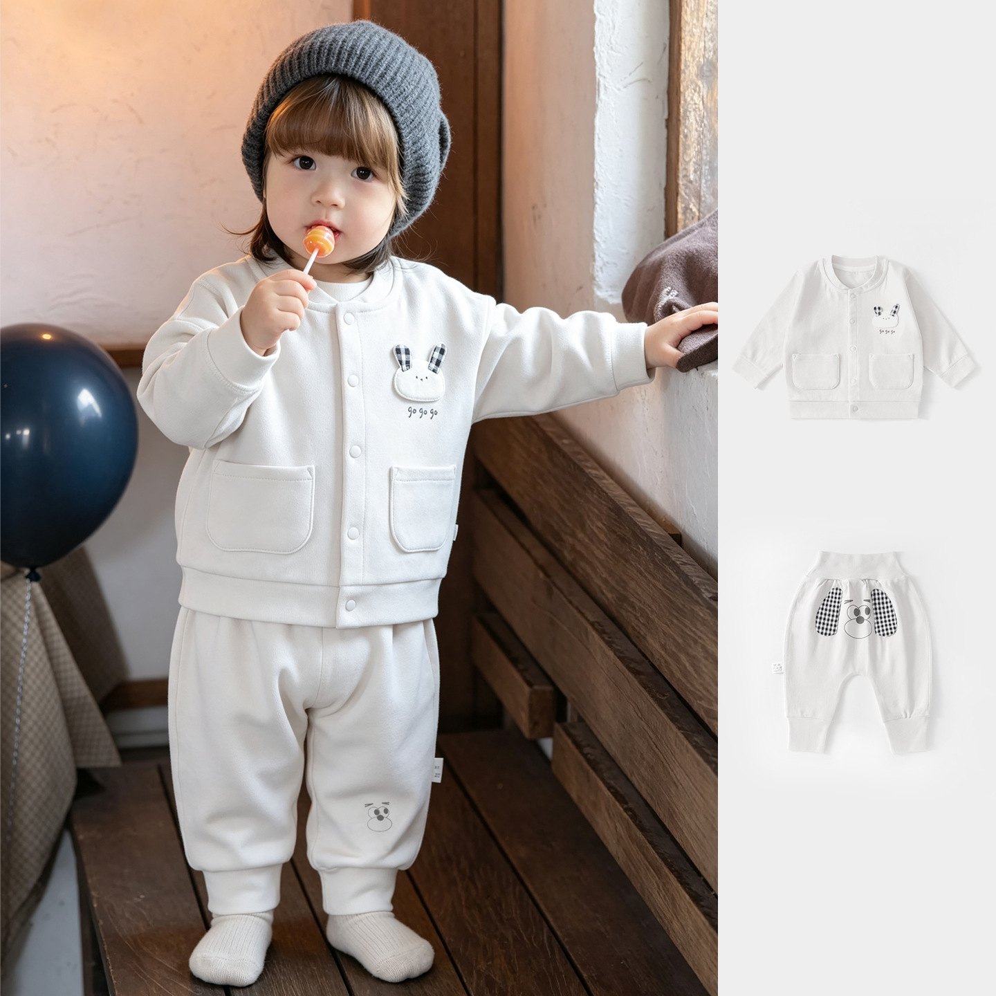 Infant and toddler Category A spring and autumn set, pure cotton cardigan sweatshirt two-piece set for boys and girls, newborn outdoor clothing