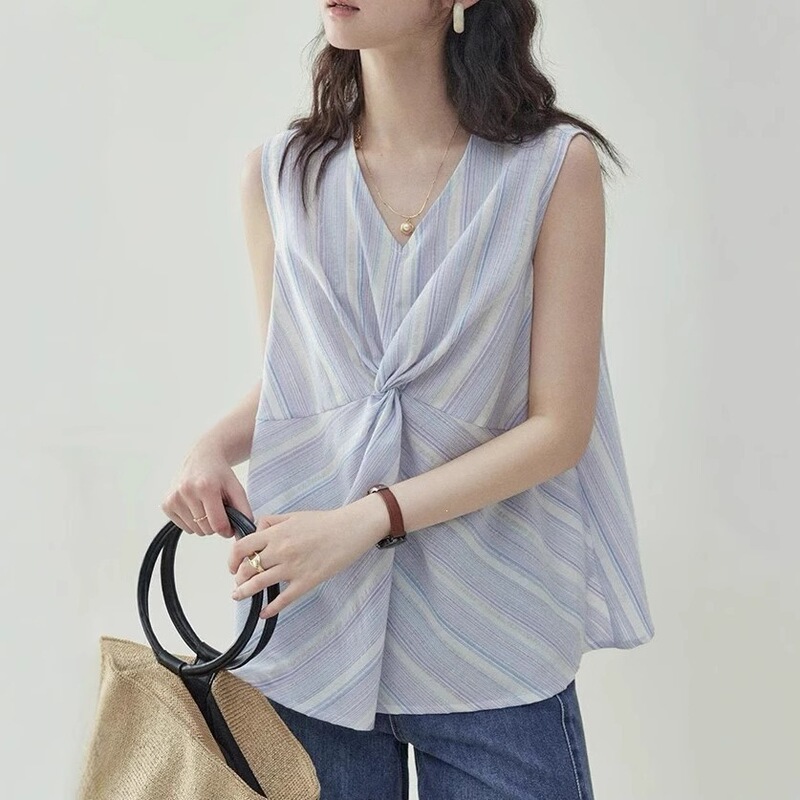 "Beidao Amuu Original" Korean-Style Striped Sleeveless V-Neck Twist Shirt for Women, New Summer Loose Vest Top "Beidao Amuu Original" Korean-Style Striped Sleeveless V-Neck Twist Shirt for Women, New Summer Loose Vest Top