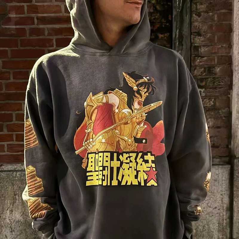 Saint Michael spoof Saint Print Washed Old VINTAGE Loose Hoodie Pullover Sweater Trendy