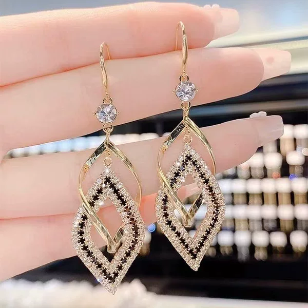 High-class atmosphere double-layer geometric diamond high-end earrings women's new temperament all-match fashion slim hook earrings women