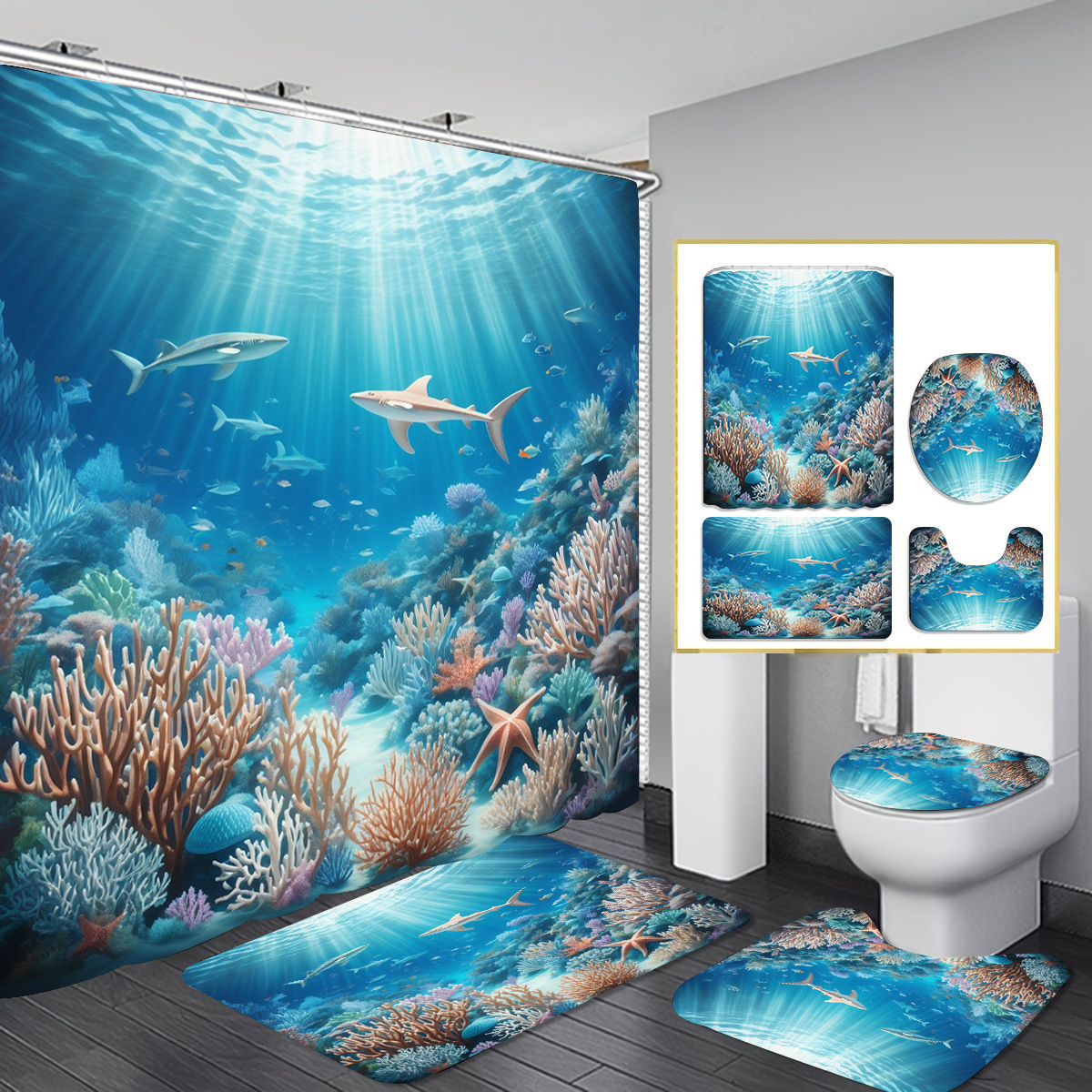 Fuente de fabricantes de cortina de baño transfronteriza de Navidad cuatro piezas cortina de partición de impresión digital vestido de baño