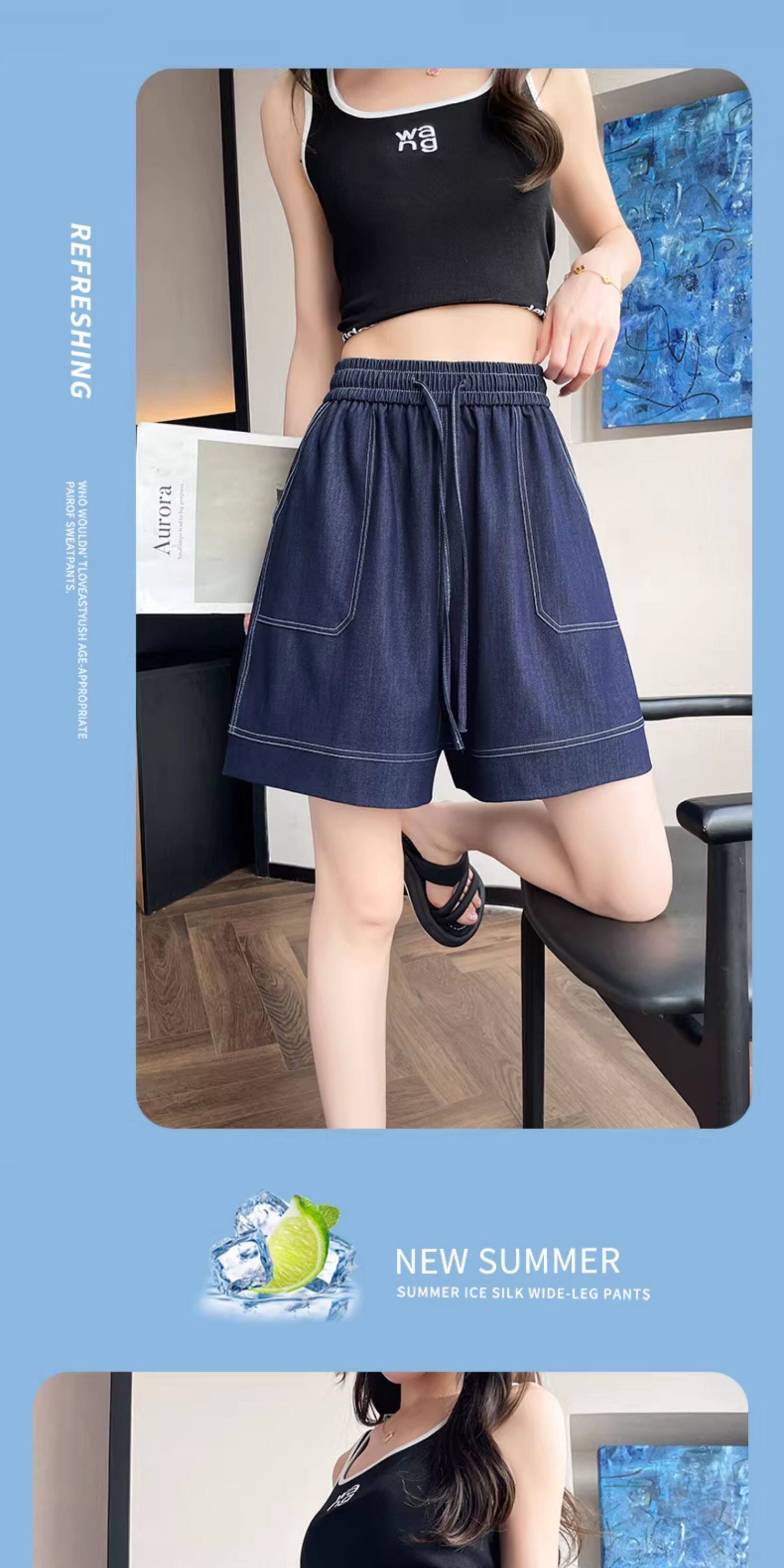 Quần short jean nữ lưng cao ống rộng chất liệu tơ tằm mát mẻ — màu xanh nhạt chi tiết 18