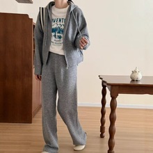 韩系休闲时尚针织套装女秋冬新款连帽拉链开衫+阔腿裤两件套女装