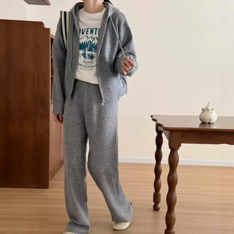 韩系休闲时尚针织套装女秋冬新款连帽拉链开衫+阔腿裤两件套女装