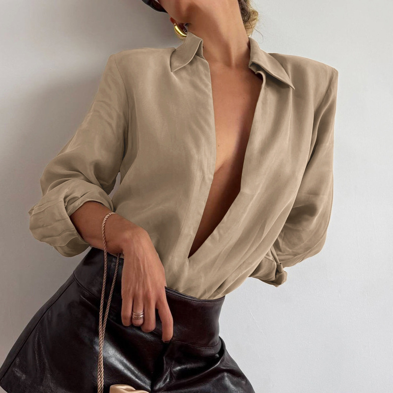 2027 Autumn New Arrival: Women's Knitted Velvet Shirt with Deep V-Neck, Low-Cut, Draped, Slim-Fit Pullover Top in a Quiet Luxury Style 2027 Autumn New Arrival: Women's Knitted Velvet Shirt with Deep V-Neck, Low-Cut, Draped, Slim-Fit Pullover Top in a Quiet Luxury Style
