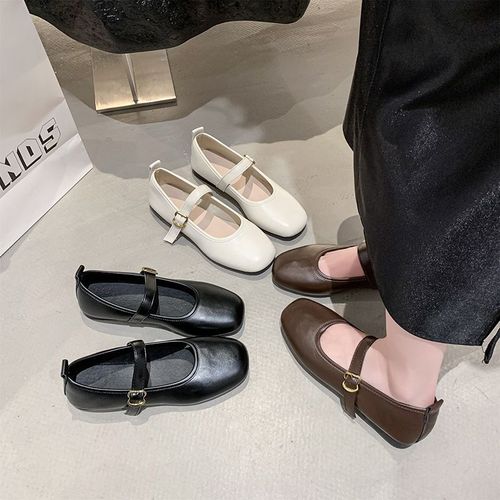 Spring New French Square Head Elegant Flat Slip-On Retro Slim Open-Toe Leather Shoes Soft Sole Mary Jane Shoes