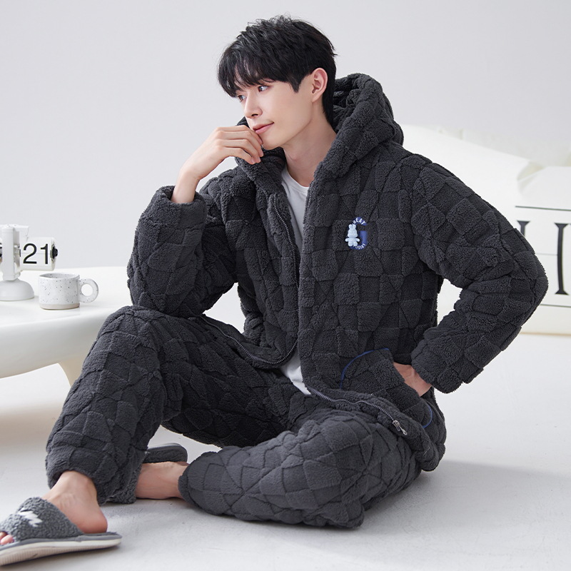 Pijamas de hombre invierno coral polar engrosado forrado de lana de tres capas de algodón acolchado chaqueta otoño e invierno cálido invierno ropa de casa súper gruesa