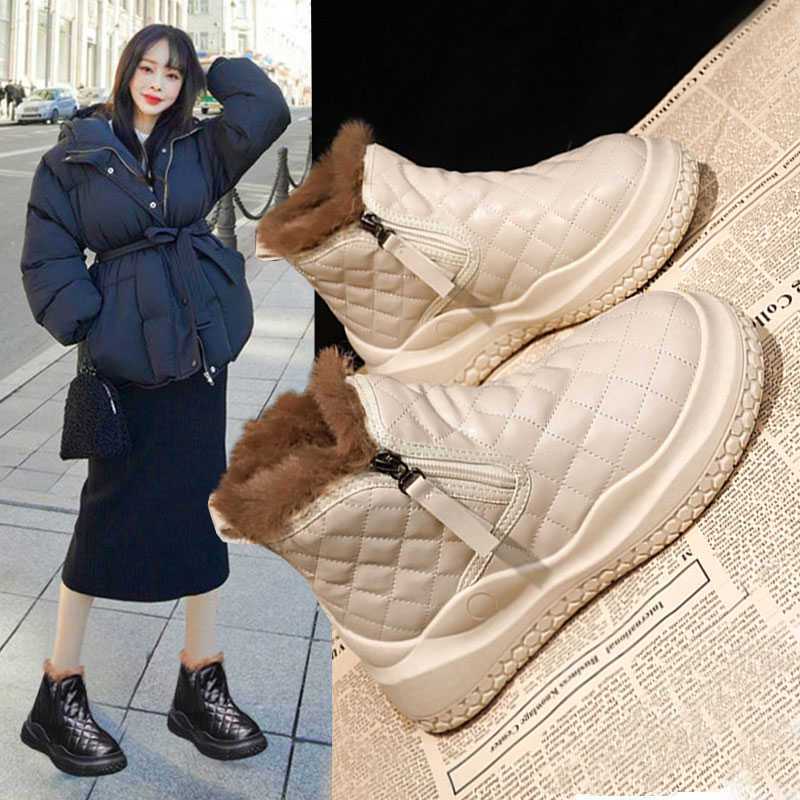 2023 년 겨울용 여성용 두꺼운 밑창 논슬립 스노우 부츠 기모 두꺼운 따뜻한 면 패딩 신발 플랫폼 밑창 경량 캐주얼 앵클 부츠