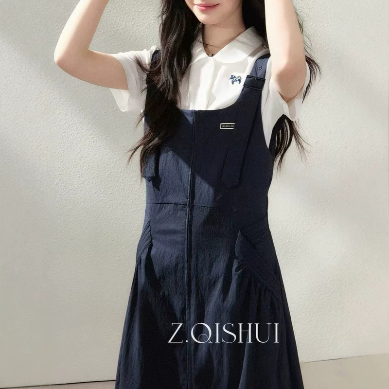 Zhang Qishui 2026 Summer New Style Navy Blue Slimming Suspender Dress White Short-Sleeve T-Shirt Age-Reducing Two-Piece Set for Women