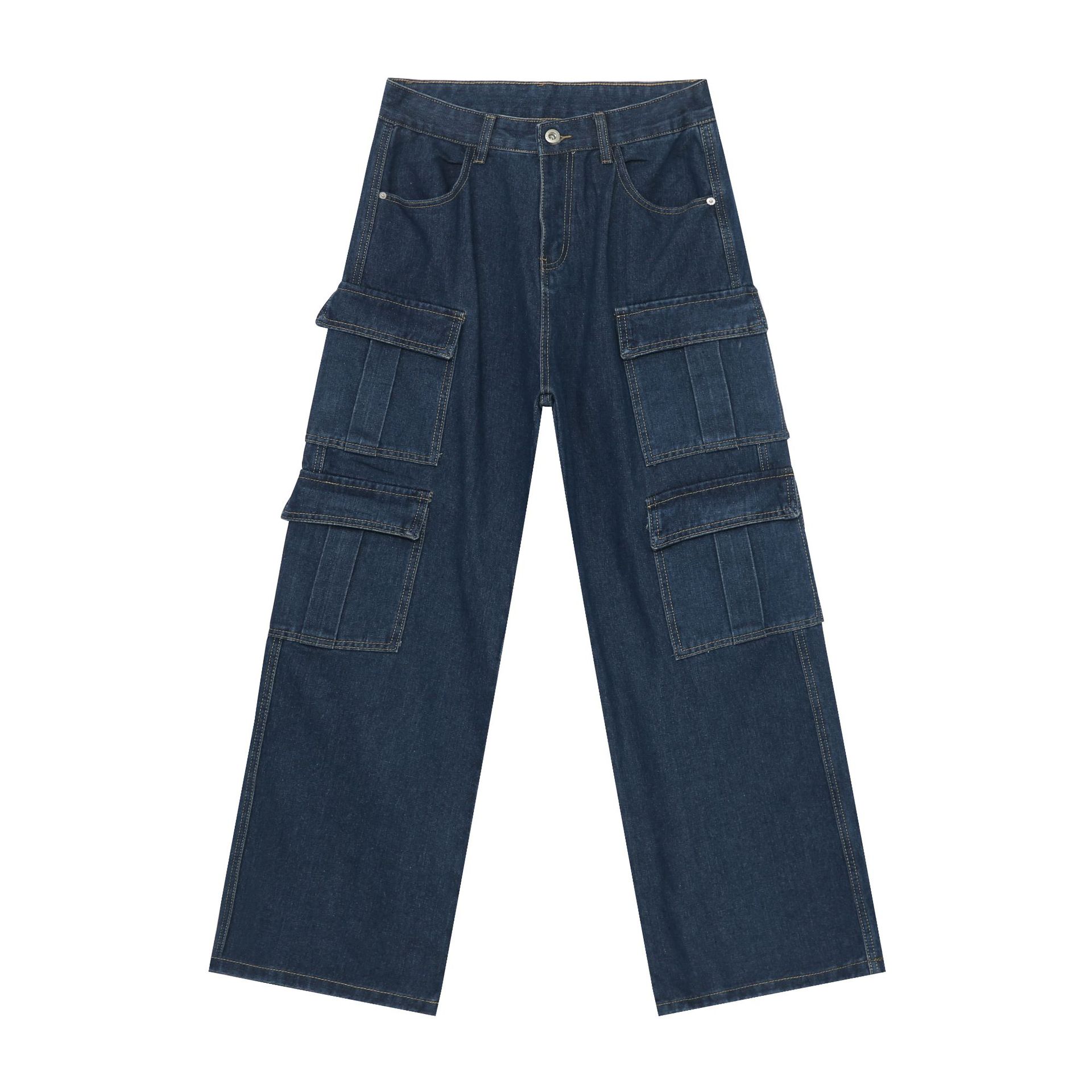 Vintage Washed Denim Cargo Pants - Relaxed Fit Multi-Pocket Workwear Jeans For Men_mkmklike.com