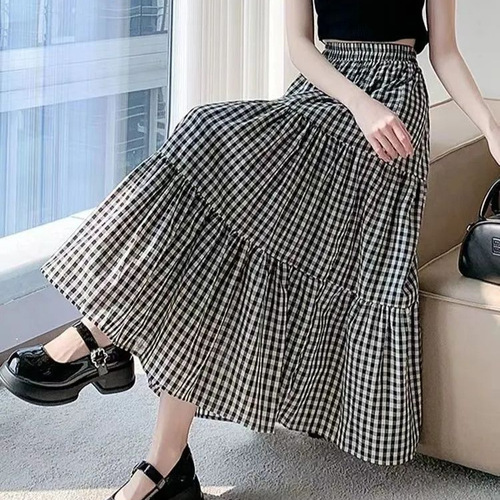Puzzle cake skirt 2025 women's summer elastic slimming niche loose retro high-waisted half-length checkered dress