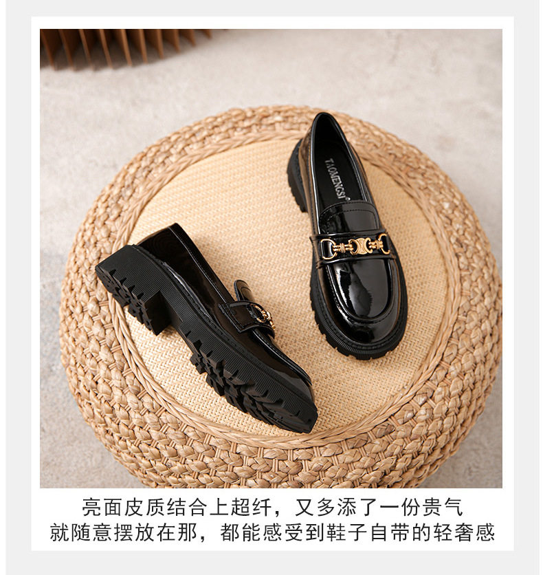Giày lười nữ đế dày gót vuông 3–5 cm, mũi tròn, da bóng, size lớn — Màu Đen (Da sáng chế) chi tiết 9
