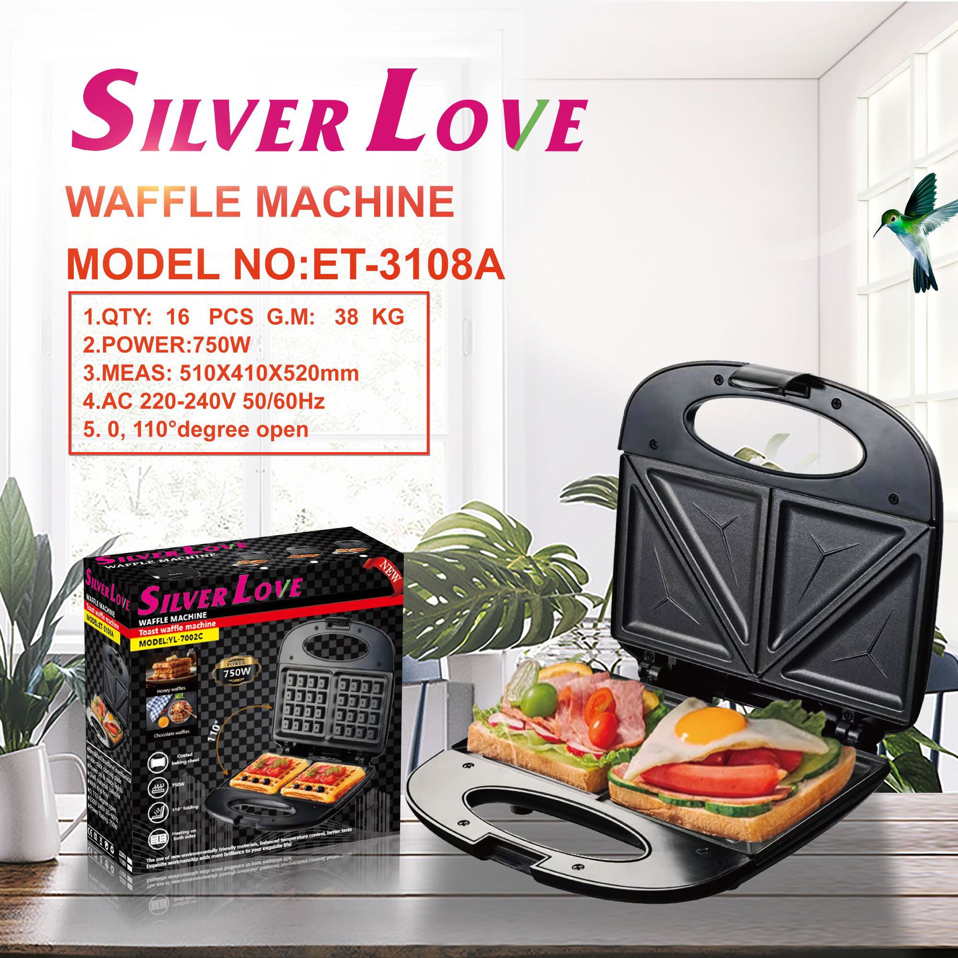 Foreign Trade Export Household Sandwich Machine Waffle Machine Breakfast Machine 800W Bread Machine Waffle Machine
