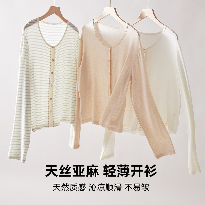 Lyocell Tencel Acetate Linen Cardigan for Women, Spring and Summer Thin Breathable Casual Long-Sleeve Jacket with Buttons and Stripes Lyocell Tencel Acetate Linen Cardigan for Women, Spring and Summer Thin Breathable Casual Long-Sleeve Jacket with Buttons and Stripes