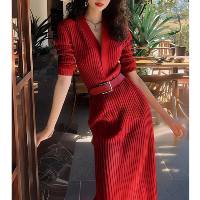 French High-End Red Knitted Dress for Women in Early Autumn, New Elegant Lady's Waist with Coat, Sweater and Skirt