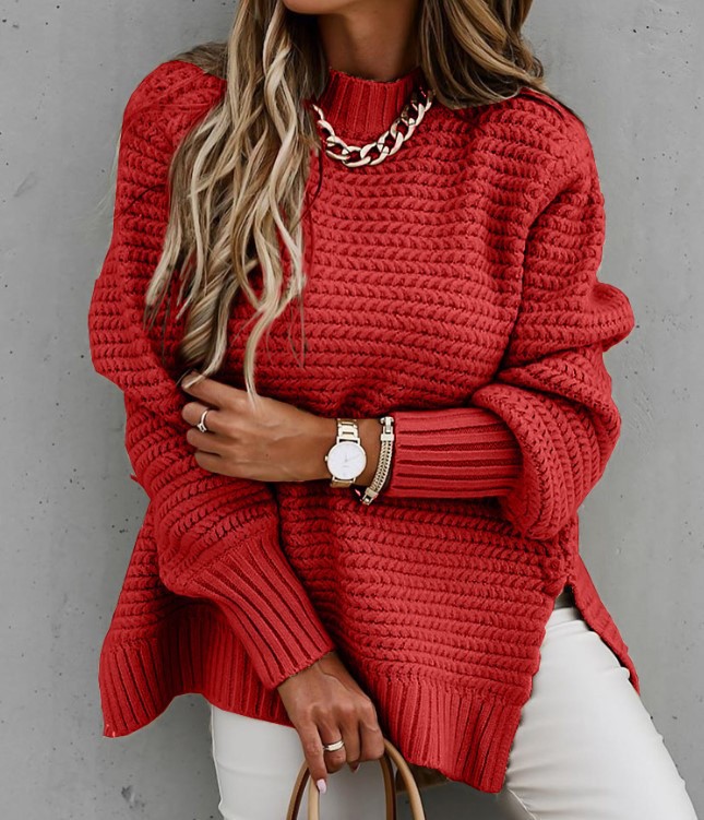 Suéter de Punto con Cuello Medio Alto, Color Sólido, Abertura Lateral con Puños, Estilo Europeo y Americano, Nueva Colección de Invierno 2025 para Mujer