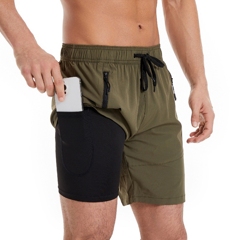 European and American summer men's double-layer two-in-one beach pants solid color running swimming sports four-point shorts quick-drying waterproof