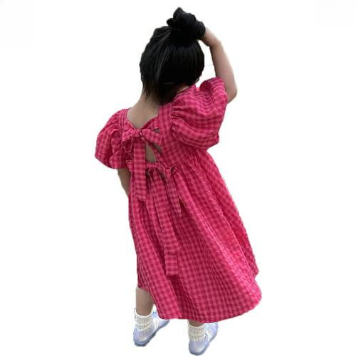 Little Girl's Dress with Bubble Sleeve, Checkered Belted Dress, Princess Style, 24 Summer New, Foreign Trade Children's Clothing, Dropshipping