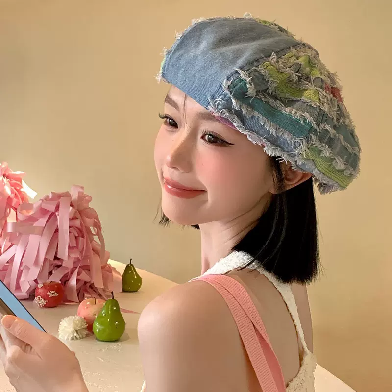 韩版ins蓝色贴布水洗做旧贝雷帽女日系百搭网红显脸小八角帽潮