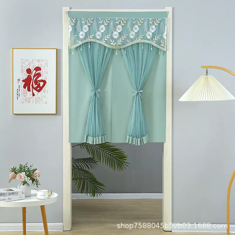 蕾丝门帘隐私防蚊纱帘双层隔断帘免打孔卧室纱门帘子珠帘隐私防护