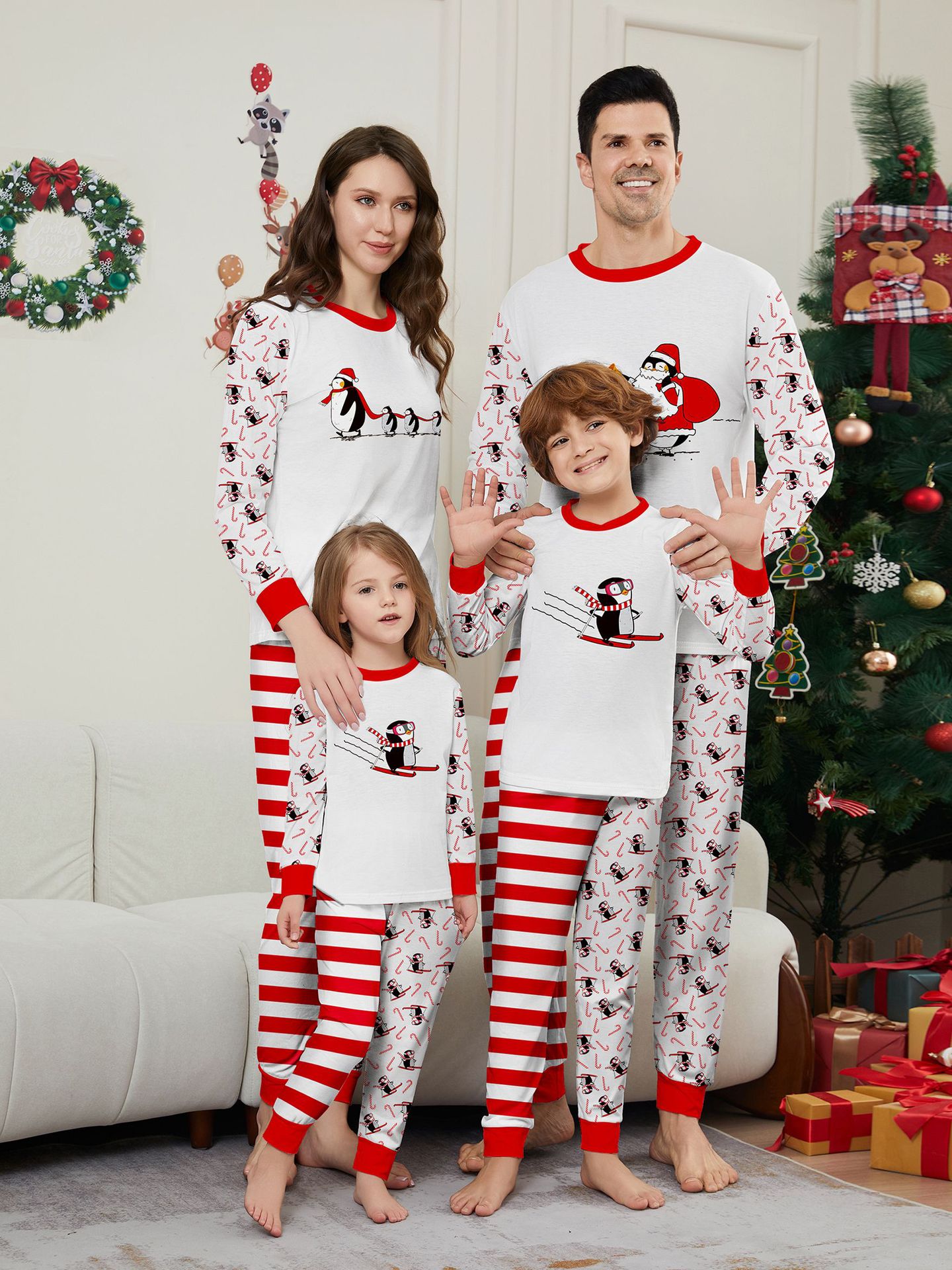Kerst Pinguïn Candy Cane gestreepte Kerst Familie pak bedrukte homewear pyjama_voghion.com