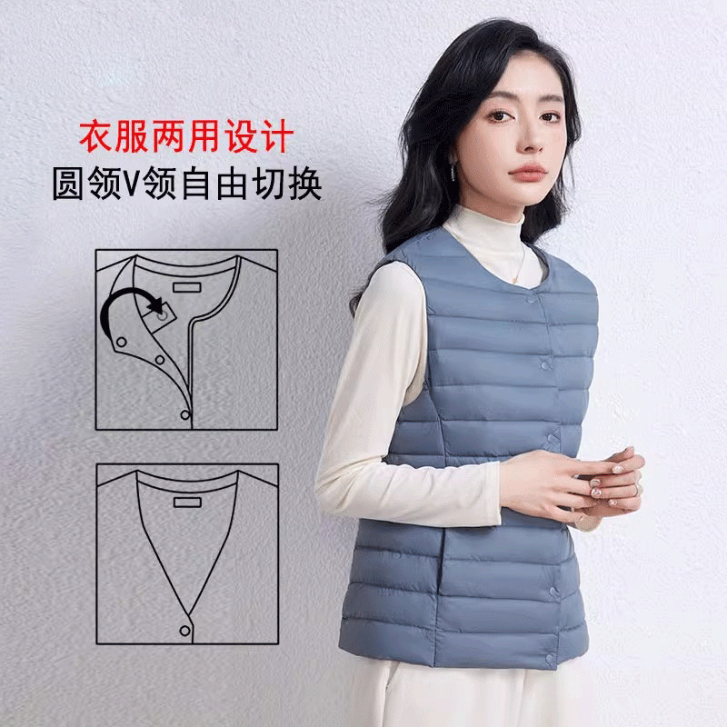Otoño plumado ligero damas no cuello V chaleco blanco chaleco interior de caballo clip de hombro con chaqueta de base