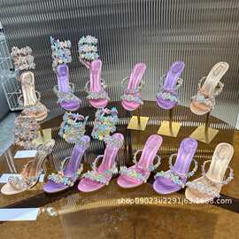 蕞高版水钻花朵高跟凉鞋女细跟宴会婚鞋露趾鞋9.5CM紫色粉色金色
