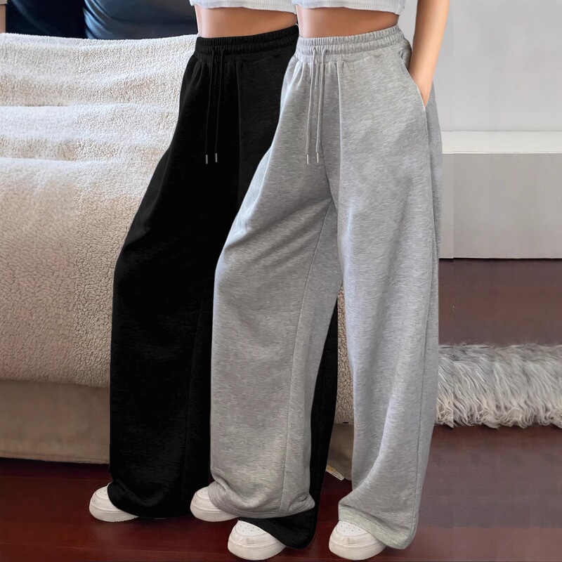 Cross-Border Women's Casual Jogging Pants with Drawstring Waistband, Pockets, Loose Fit, Solid Color, Comfortable, Breathable, Simple Style, Straight-Leg Pants