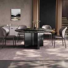 意式极简圆形带转盘天然大理石饭桌家用高端奢石别墅餐桌椅组合