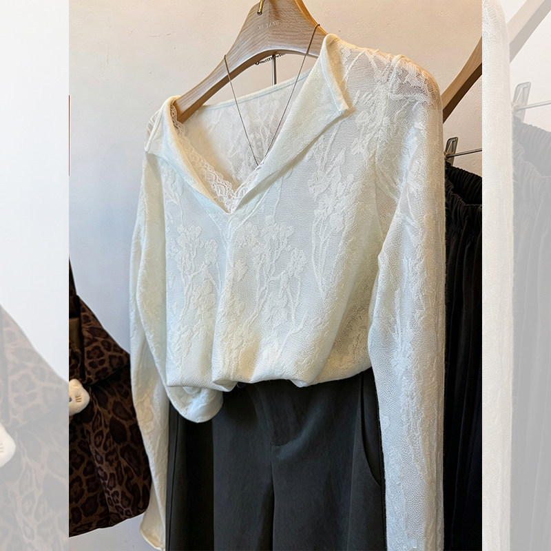 French-style, ruffled V-neck, lace-trimmed knit sweater for women, a lightweight and soft knit top perfect for autumn French-style, ruffled V-neck, lace-trimmed knit sweater for women, a lightweight and soft knit top perfect for autumn