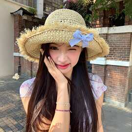 防晒草编渔夫帽子女春夏天海边沙滩遮阳帽休闲百搭蝴蝶结镂空草帽