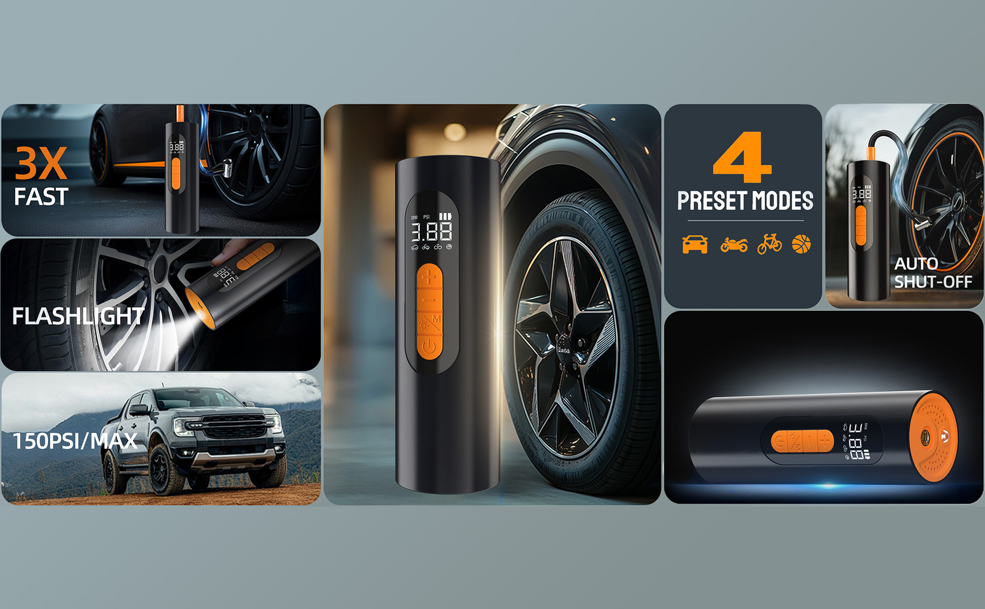 Car air pump, portable car inflator, portable digital display inflator, electric air pump, wireless portable inflator