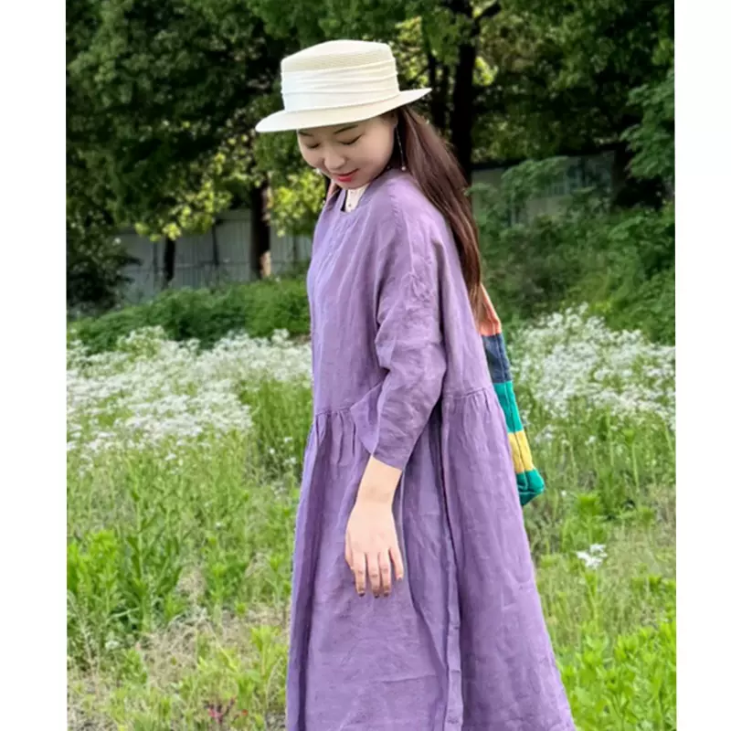 苎麻夏季新款文艺复古中长裙子女上衣紫色苎麻夏季新款亚麻连衣裙