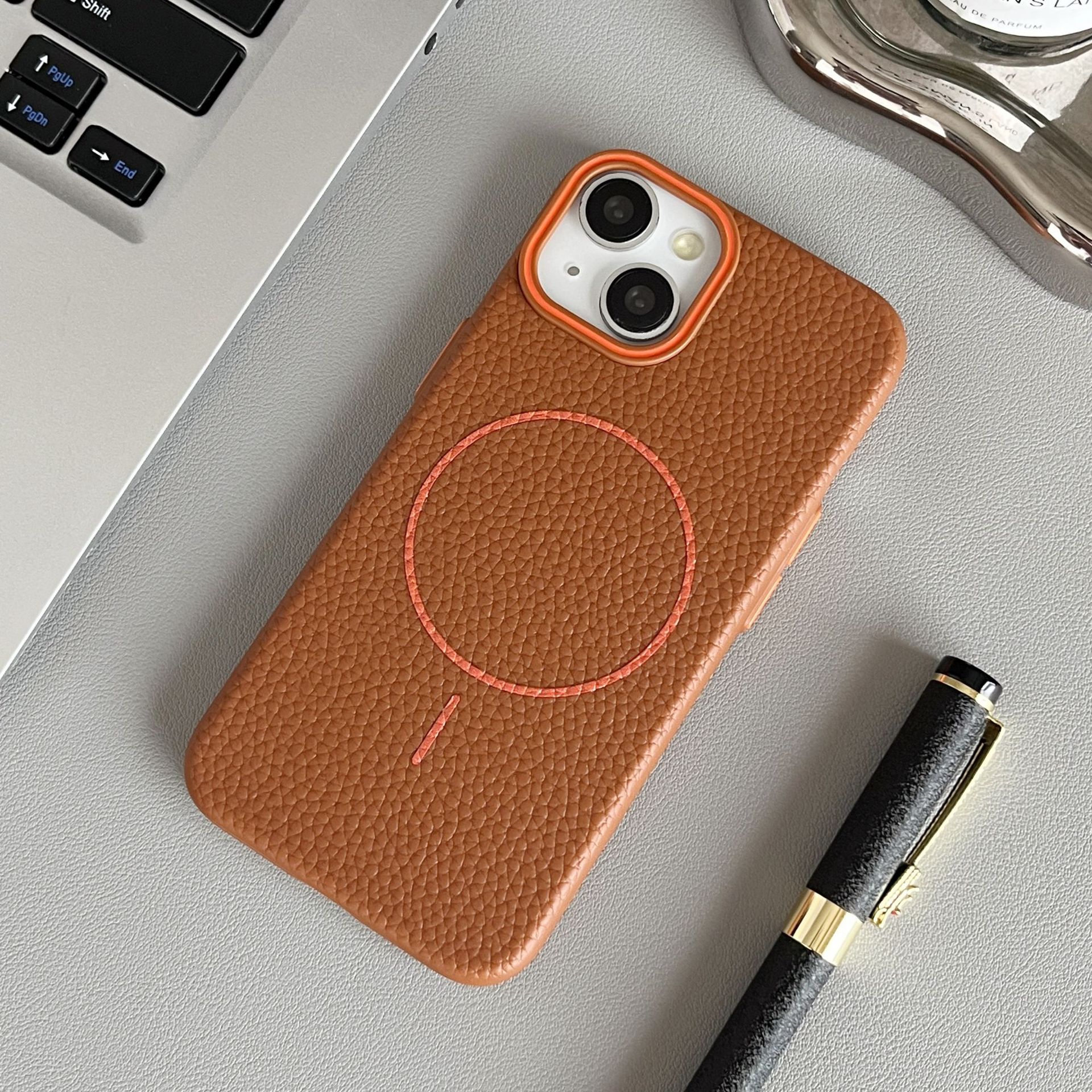Compatible With Fruit 17PRO Lychee Texture TPU Phone Case Fine Ring Magnetic Leath IPhone 16 Matte Feel Protective_voghion.com