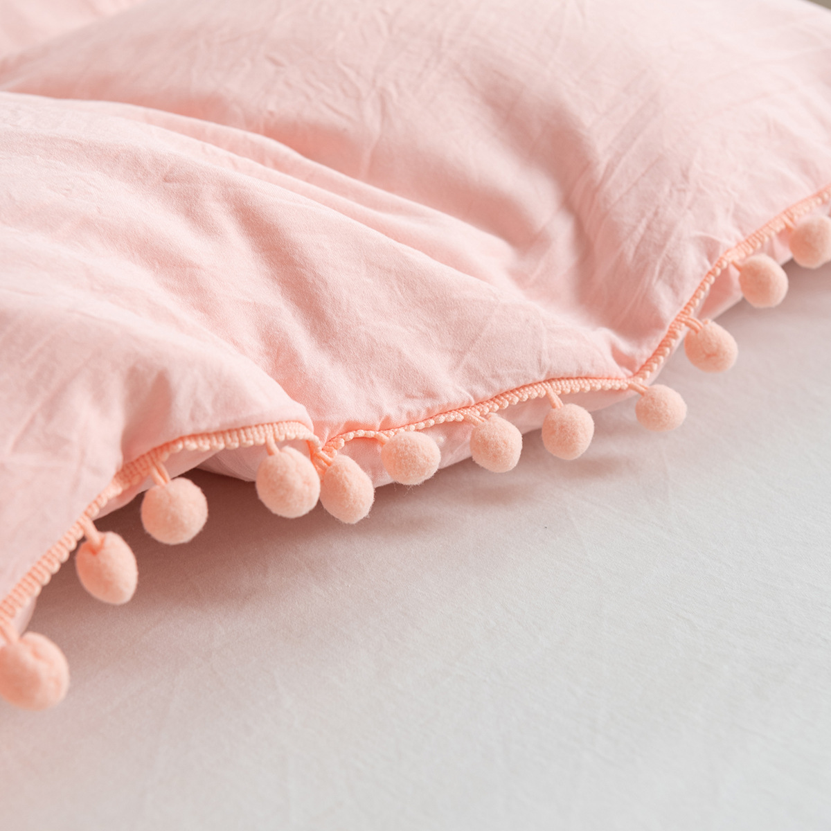 Bedding and home textile three piece set, solid color washed cotton hanging ball style duvet cover set_voghion.com