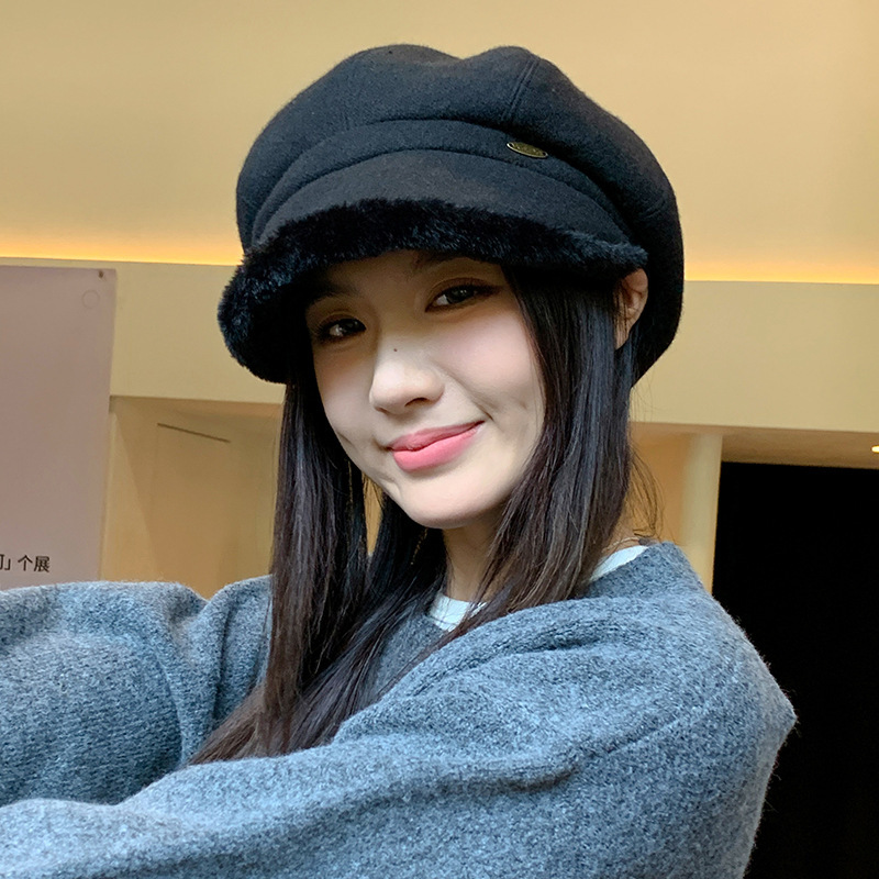 英伦风秋冬复古毛边八角帽女百搭显脸小贝雷帽韩版休闲保暖画家帽|undefined