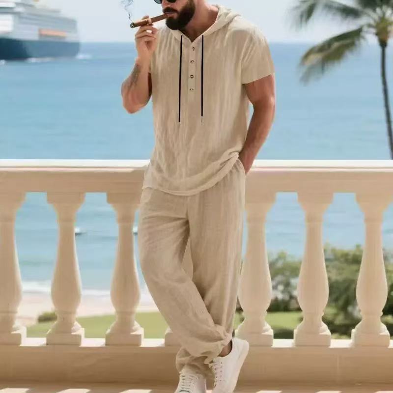 2026 Summer Cross-Border Amazon 3D Men's Casual Suit, Versatile Hooded Henley Shirt, Short Sleeve