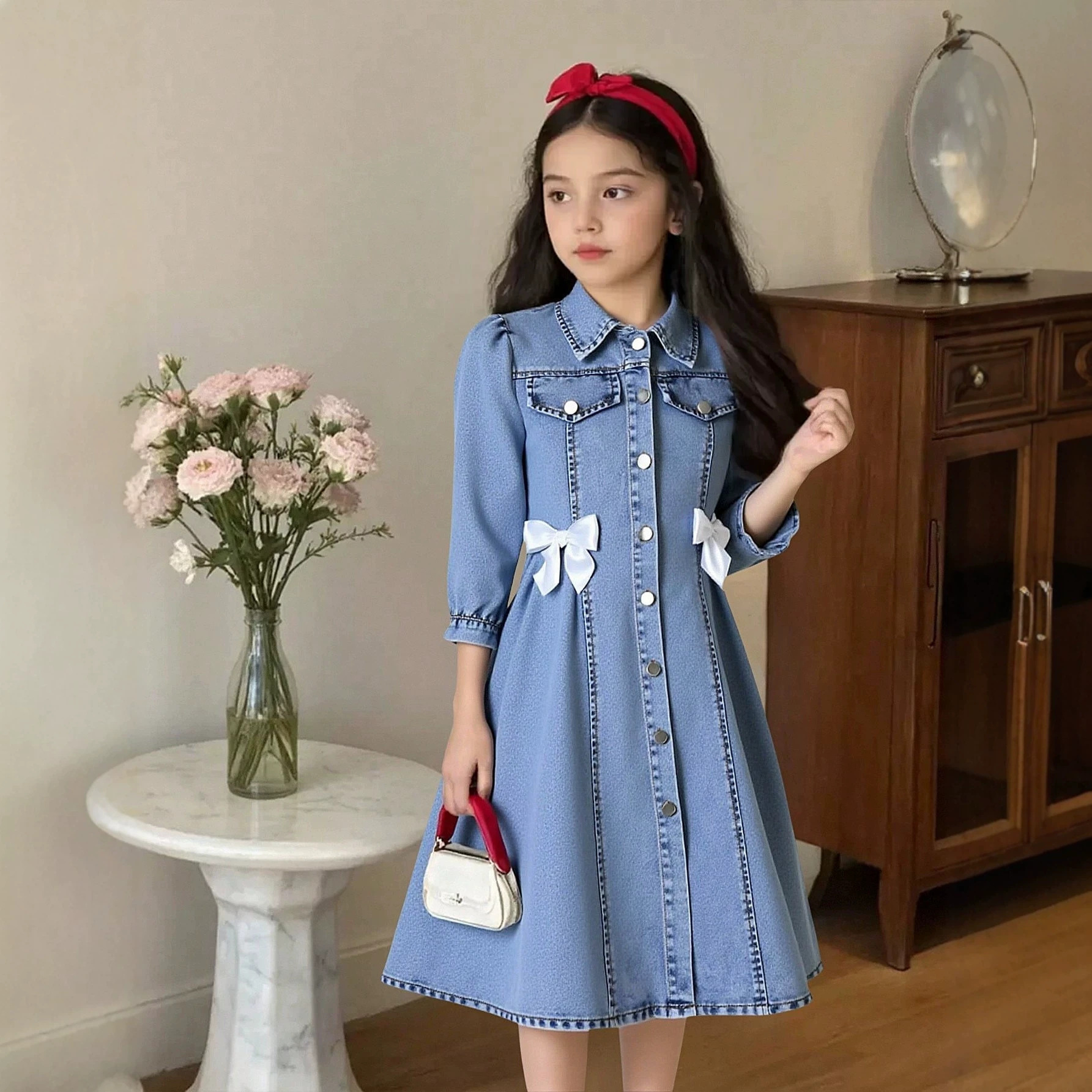European and American Cross-Border Foreign Trade Amazon Independent Site Teenage Girls' Princess-Style Bow-Knot Elegant Denim Dress