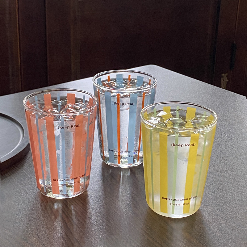 小众高级感撞色柠檬咖啡杯 夏季高硼硅耐高温水杯 简约线条冷饮杯