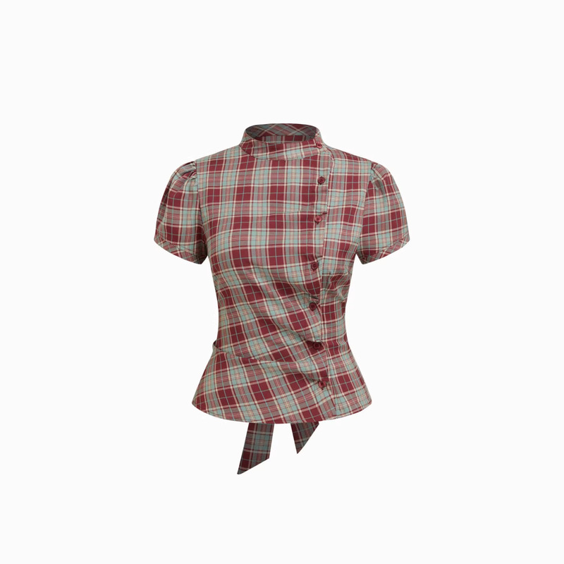 Korean-Style Retro Color-Block Plaid Stand-Collar Short-Sleeve Shirt for Women, with Waist-Tie, Puff Sleeves, Slim Fit, Flattering, Versatile Top