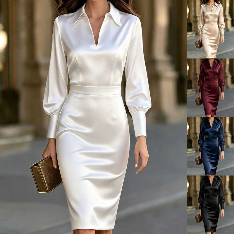Amazon Independent Store Women's Clothing Satin V-Neck Dress Lantern Sleeves Slim Waist Commuting Pencil Skirt Amazon Independent Store Women's Clothing Satin V-Neck Dress Lantern Sleeves Slim Waist Commuting Pencil Skirt