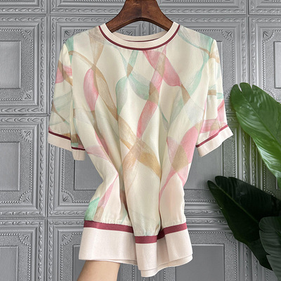 4233#抽象菱格~外茂柜单BI入神仙颜值小众大簰艺术缎面短袖T恤女