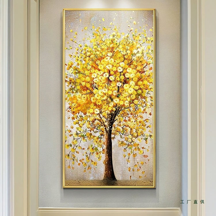 发财树手绘油画现代轻奢高档走廊过道挂画美式客厅入户玄关装饰画